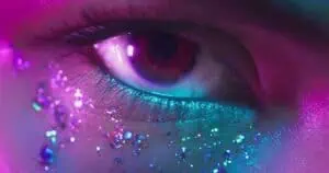 Female brown eyes in neon light. Young sexy girl in a nightclub. Macro look of the human eye. Fashionable glitter makeup on the face. Shining sparkles. Pink-blue-green color and new light, euphoria